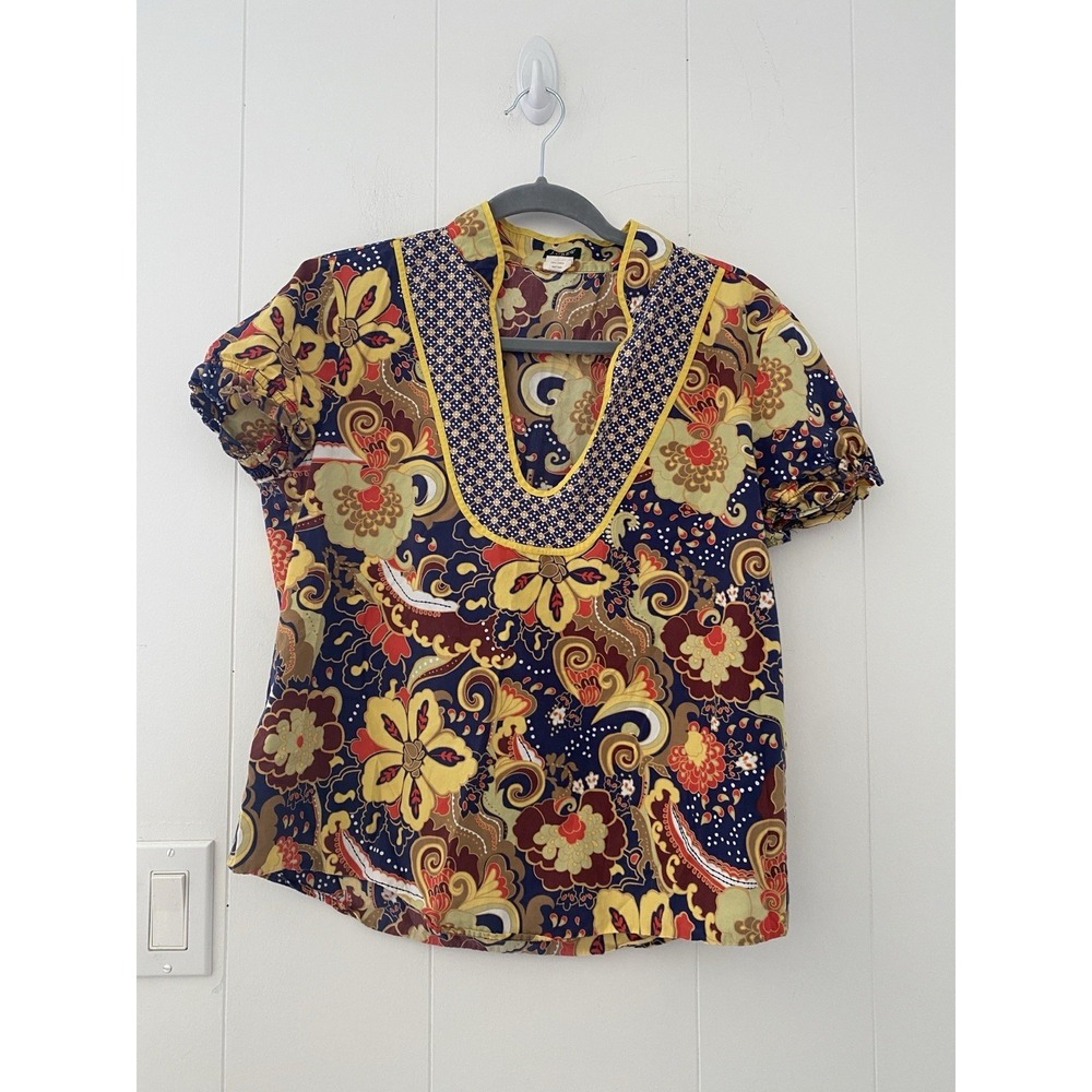J.Crew San Remo Paisley Floral Split V-Neck Top Cotton Puff‎ Sleeve Blouse Sz M